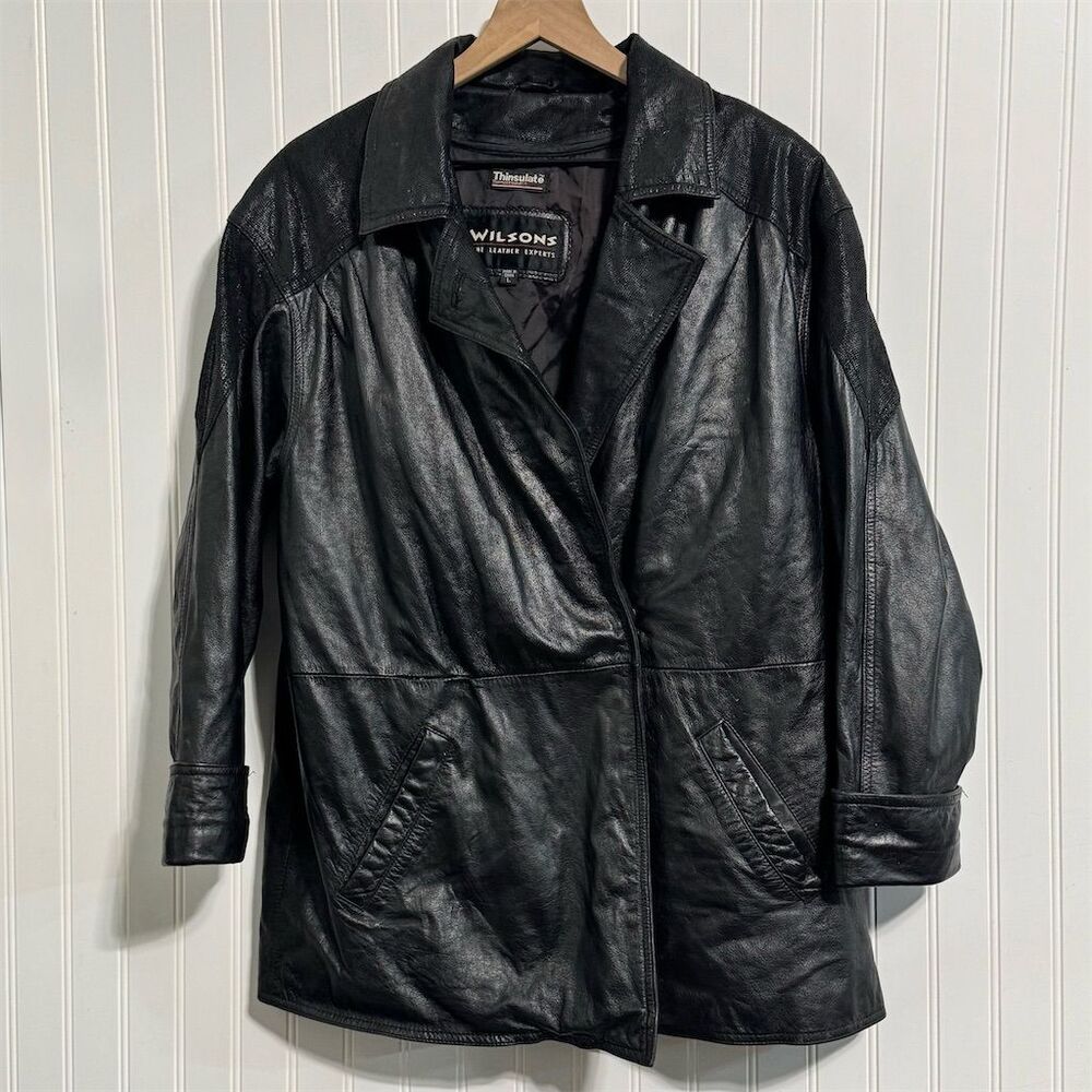 Vintage Wilsons Leather Jacket Large Black Snake Embossed Yoke Thinsulate 90s